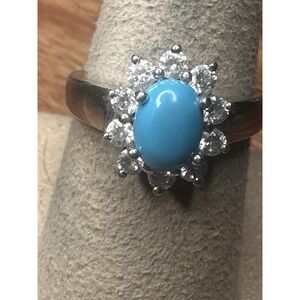 STERLING SILVER 925 CABOCHON TURQUOISE & CZ  RING SIZE 7